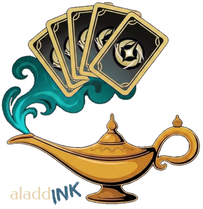 Ilustração de uma lâmpada mágica com um leque de cartas de Disney Lorcana, mascote do AladdINK